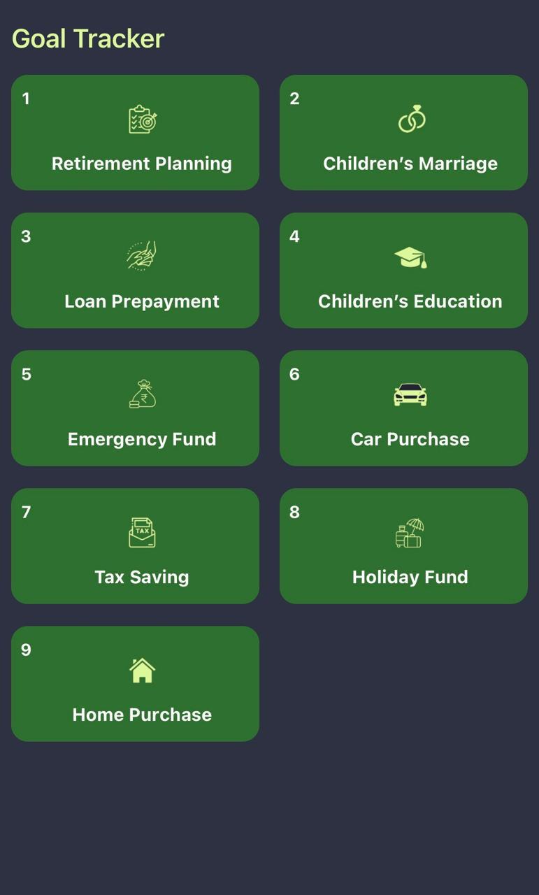 Financial goals planning dashboard showing education, emergency fund, tax saving, and life goals